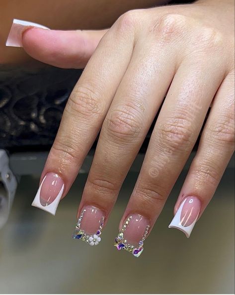 Blinged Out White French Tip Nails, Clean And Classy Nails, White French Tops With Gems, Short French Tip Acrylic Nails Rhinestones, Short Square Acrylic Nails French Tips With Diamonds, French Tip W Diamonds, Short Nails Acrylic Rhinestones, Cute Short Acrylic Nails With Rhinestones, Short Square White French Tip Nails With Rhinestones