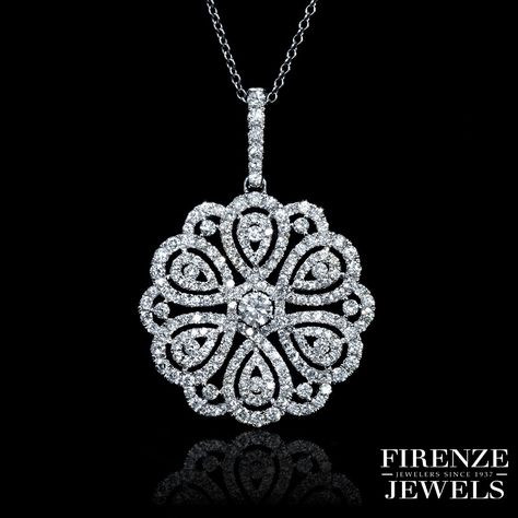 A spring essential, this floral pendant offers 1.69 cts of round brilliant cut white diamonds. Available at https://goo.gl/vsxMLJ Don't forget about Mom! Get 15% off your order with code MOM2017 now through Sunday. 	#FirenzeJewels #Necklace #DiamondJewelry #Pendants Diamond Flower Pendant, Bijoux Art Nouveau, Crown Pendant, Diamond Pendent, Diamond Pendants Designs, Diamond Pendant Sets, Diamond Pendants, Pendant Diamond, Diamond Crown