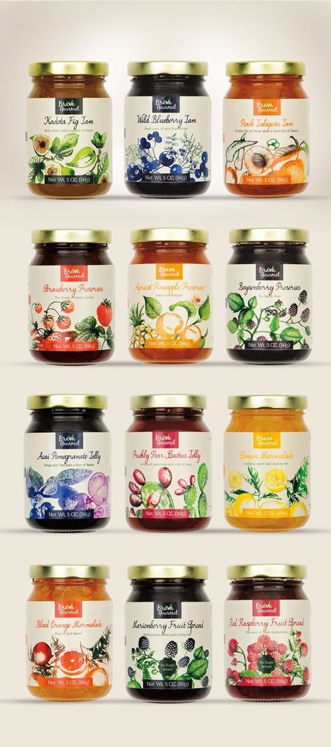 Fruit Packaging Design, Gourmet Packaging, Fruit Juice Packaging, Desain Merek, Jam Packaging, Jam Label, Lovely Illustrations, Honey Packaging, Fruit Packaging