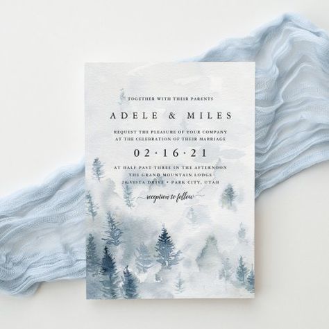 $2.92 | Winter Reverie Wedding Invitation #winter wedding invitations, snow, mountain, forest theme, evergreen trees, blue and gray, skiing wedding, zgroupon, elegant watercolor, pine forest Winter Forest Wedding, Elegant Winter Wedding Invitations, Forest Wedding Invitations, Ski Wedding, Elegant Winter Wedding, Watercolor Forest, Monogram Wedding Invitations, Breckenridge Colorado, Winter Wedding Invitations