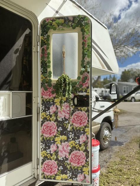 12 Camper Door Makeover Ideas for Interior and Exterior Doors | RV Inspiration Rv Pantry Door, Diy Trailer Decor Ideas, Rv Door Decor, Painted Camper Interior, Cute Camper Ideas, Rv Wall Paneling Ideas, Rv Front Door Ideas, Rv Sliding Door Remodel, Caravan Bathroom Makeover