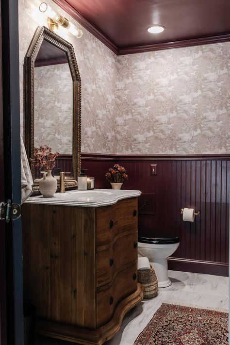 Southern Half Bath, Brown Powder Room Ideas, Vanity Same Color As Wall, Diy Antique Bathroom Vanity, Artsy Powder Room, Old World Powder Room, Earth Tone Powder Room, Colonial Half Bath, Benjamin Moore Salamander Bathroom