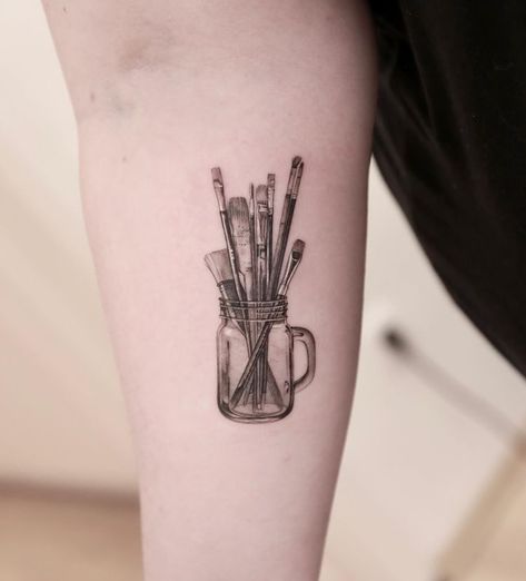 Painters Tattoo Ideas, Paintbrush Tattoo, Piano Tattoo, Teacher Tattoos, Pencil Tattoo, Tool Tattoo, Brush Tattoo, Framed Tattoo, Theme Tattoo