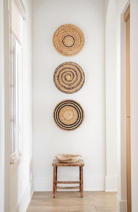 Decorating With Baskets On The Wall, Basket Walls, Decorate With Baskets, Foyer Wall, Rustic Stools, Basket Wall Art, Crystal Cove, Casa Country, Basket Wall