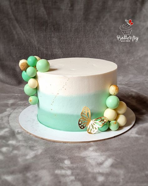 Ombre frosting (in green colour theme) and decorated with edible chocolate balls Green Theme Birthday Cake, Green Colour Cake Design, Chocolate Balls Cake Decoration, Ombre Green Cake, Green Colour Cake, Green Ombre Cake, Green Birthday Cakes, Green Dessert, Fruit Cake Design