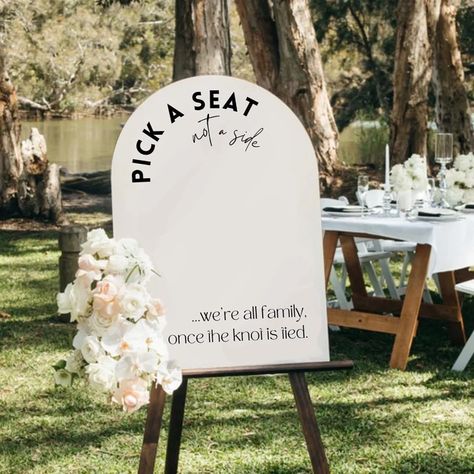 Pick a Seat, Not a Side 💍 Collection: Modern The perfect wedding signage to make all of your guests feel equally loved and appreciated ❣️ #pickaseatnotaside #weddingsignage #weddingstationeryuk #weddingsupplier Acrylic Arch, Modern Wedding Ceremony, Engagement Signs, Wedding Welcome Board, Wedding Ceremony Signs, Pick A Seat, Arch Wedding, Cadeau Baby Shower, Ceremony Signs