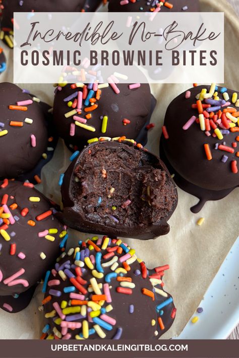 Raw Brownie Bites, Cosmic Brownie Dessert, Bring To Work Treats, Cosmic Brownie Truffles, Healthy Brownie Balls, No Bake Brownie Truffles, Easy Transportable Desserts, Cosmic Brownies Cookies, Fast No Bake Desserts