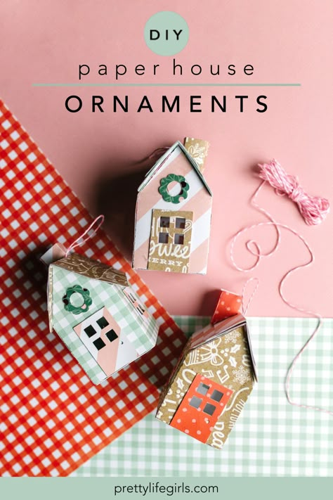 Paper House Ornaments Diy, Flat Paper Christmas Ornaments, Paper Ornaments Cricut, Christmas Paper Pattern, Scrapbook Paper Christmas Ornaments, House Ornaments Christmas, Diy Cardboard Ornaments, Scrapbook Paper Christmas Crafts, Pretty Paper Crafts