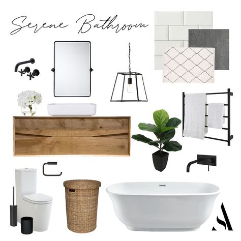 Small Bathroom Mood Board Inspiration, Mood Boards Bathroom Inspiration, Bathroom Sample Board, Guest Bathroom Mood Board, Serene Bathroom Ideas, Bathroom Design Boards, Bathroom Mood Board Inspiration, Bathroom Design Board, Owners Bathroom