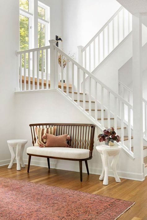 Craftsman Remodel, Boho Bungalow, White Staircase, White Stairs, Stair Rails, Stairs Design Interior, House Staircase, Wood Staircase, Staircase Wall