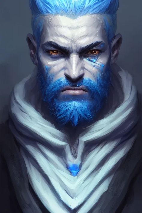 Lexica - Portrait of a blue skin genasi with a square jaw from d & d by greg rutkowski, dreadlocks and small beard, tempest priest, runic rings, d & ... Blue Skin Character, Blue Black Background, Square Jaw, Portrait Digital Painting, Greg Rutkowski, Icewind Dale, Artstation Concept Art, Detailed Portrait, Blue Skin