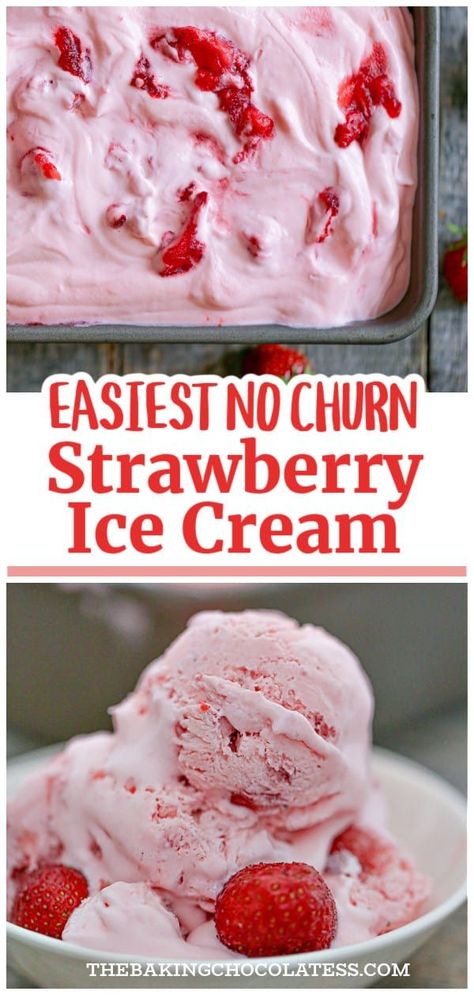 Summer is here, and it’s definitely calling for this easy homemade No Churn Strawberry Ice Cream recipe!  We’ll show you how to make the easiest cool and creamy no-churn strawberry ice cream with just 3 main ingredients. Plus, you won’t even need an ice cream maker to make this delicious summer treat. Homemade Strawberry Cheesecake Ice Cream, Refrigerator Ice Cream, Homemade Strawberry Ice Cream No Machine, Strawberry Ice Cream No Churn, Strawberry Banana Ice Cream Recipe, Easy Strawberry Ice Cream, No Churn Strawberry Ice Cream, Frozen Banana Dessert, No Churn Ice Cream Recipes