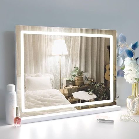 Amazon.com : Despful Makeup Vanity Mirror with Lights, 22.8"x 18.1" Large LED Lighted Mirror with 10X Magnification and USB Charging Port, Smart Touch 3 Colors Dimmable, Touch Control for Bedroom, White : Beauty & Personal Care Wall Mirror With Lights Bedroom, Led Makeup Mirror Vanity, Big Mirror Vanity, Vanity Mirror With Light, Mirrors For Desk, Vanity Styling Bedroom, Mirror On Desk, Amazon Vanity Mirror, Oxford Apartment