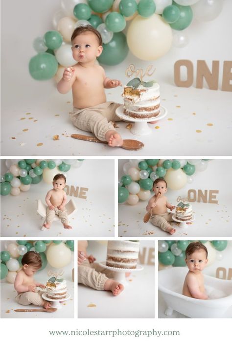 Cake Smash Neutral Colors, Cake Smash With Balloons, Sage Green 1st Birthday Cake, First Birthday Balloon Photoshoot, Sage First Birthday, Sage Green Smash Cake, Green First Birthday Cake, Baby Cake Smash Ideas, Baby Boy Smash Cake Pictures