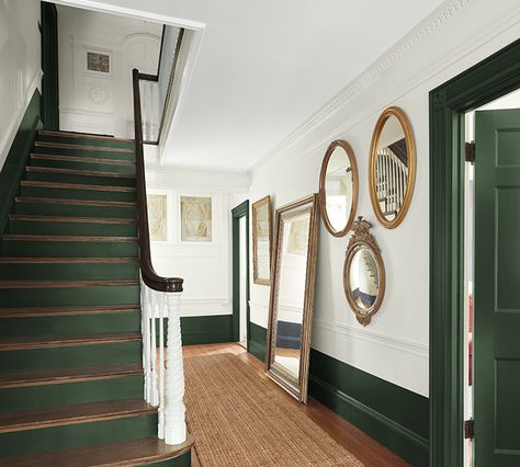 Green Trim White Walls, Green Interior Trim, Heritage Paint Colours, Hallway Paint Colors, Heritage Paint, Hallway Paint, Painted Staircases, Green Hallway, English Interior