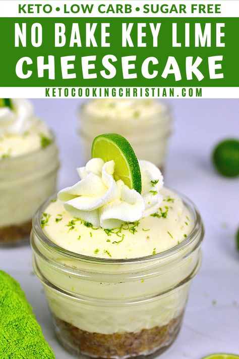 This Keto Key Lime No-bake Cheesecake is basically fail-proof and though it only takes minutes to make, it's ever bit as decadent as a dessert that takes all day.#ketodessert #ketokeylime #ketocheesecake #glutenfreecheesecake #nobakecheesecake Keto Key Lime Bars, Key Lime Cheesecake No Bake, Keto Key Lime Cheesecake, Lime Cheesecake No Bake, Cheesecake Key Lime, Keto Key Lime, Key Lime Cheesecake Recipe, Keto No Bake Cheesecake, Key Lime Tarts