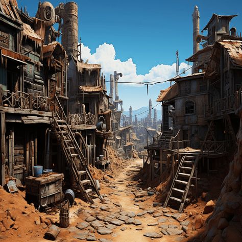 Steampunk Apocalypse, Post Apocalyptic Wasteland, Post Apocalyptic Steampunk, Cattlepunk City, Post Apocalyptic Community, Industrial Post Apocalyptic, Post Apocalyptic Aesthetic, Steampunk Desert, Post Apocalyptic Town