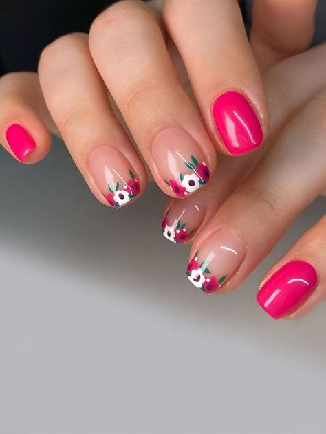 Pink Nails With Leaves, Short Nails Pink Design, Short Hot Pink Nails With Design, Nail Designs With Dots, Dotting Nail Art, Summer Manicure Designs, Graphic Nails, Nail Art Designs Short Nails, Nail Shapes Square