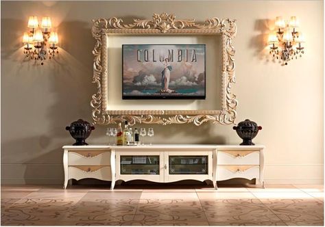 Tips on how to decorate around TV. Frame around tv. Decor Around Tv, Decoration Shabby, Dekor Diy, Tv Decor, Home Cinema, A Living Room, Formal Living Rooms, A Tv, Shabby Chic Furniture