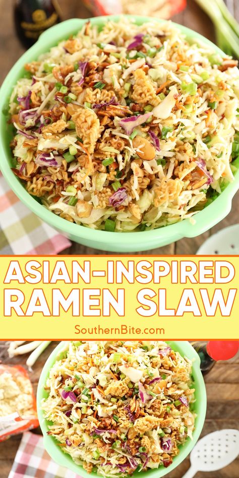 Asian-Inspired Ramen Slaw Asian Slaw With Ramen Noodles, Crunchy Slaw Recipe, Ramen Slaw, Asian Ramen, Asian Coleslaw, Ramen Salad, Slaw Dressing, Asian Slaw, Slaw Recipes