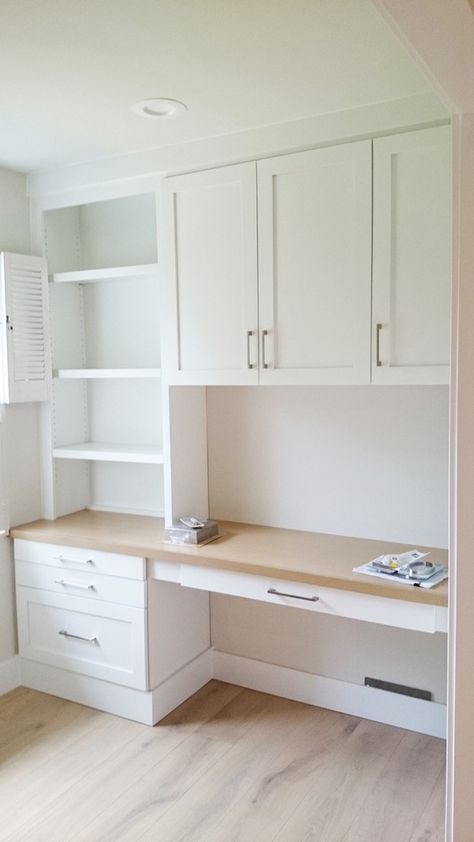 Desk With Cupboard Above, Bedroom Built In With Desk, Study Table Designs With Storage, Desk With Cabinets Above, Work Table Design Bedrooms, Closet With Study Table, Built In Desk And Shelves Bedroom, Storage Wall With Desk, Diy Built In Desk With Cabinets