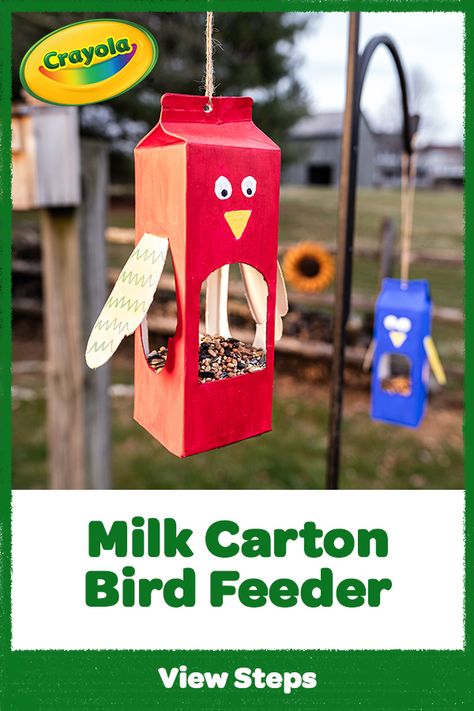 Tweet, tweet! Repurpose a milk carton into an easy DIY bird feeder for kids with this clever upcycled craft idea. Bird Feeders Diy Kids, Milk Carton Bird Feeder, Homemade Bird Feeder, Bird Feeders For Kids To Make, Milk Carton Crafts, Make A Bird, Make A Bird Feeder, Bird Feeder Craft, Upcycle Crafts Diy