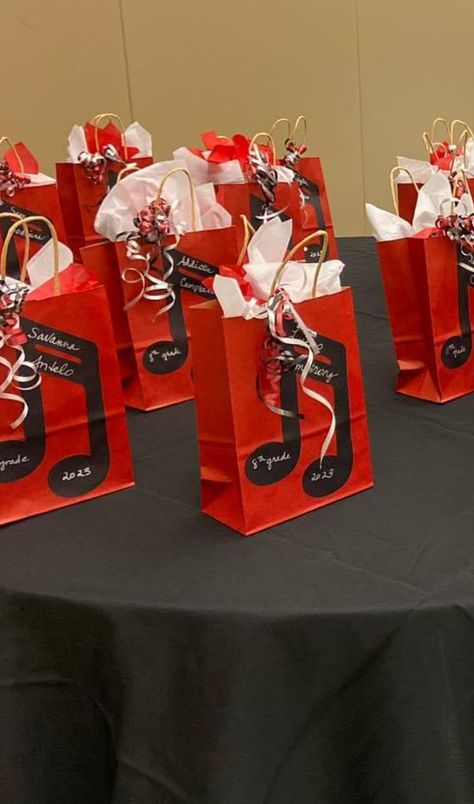 Senior Band Gift Ideas, Senior Band Night Ideas, Choir Goody Bags, Marching Band Banquet Ideas, Senior Baskets Gift Ideas Band, Band Gift Ideas, Band Hall Decorations, Band Goodie Bag Ideas, Choir Banquet Ideas