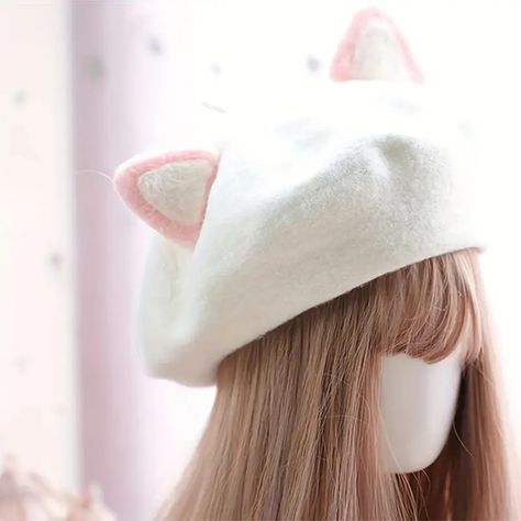 Cute Cat Beret Ears Solid Color Soft Elastic Berets Hats - Temu Cat Ear Beret, Cute Beret, Japanese Korean Fashion, Söt Katt, Berets Cap, Retro Accessories, Wool Berets, Womens Fashion Edgy, Handmade Hat