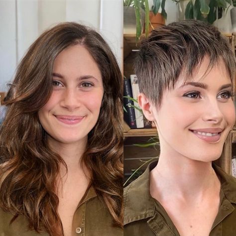 Short Summer Haircuts, Fly Bra, Long Pixie Cut, Layered Pixie Haircuts, Hair Ritual, Pixie Haircut Ideas, Long Hair Cut Short, Before And After Haircut, Pixie Bob Hairstyles