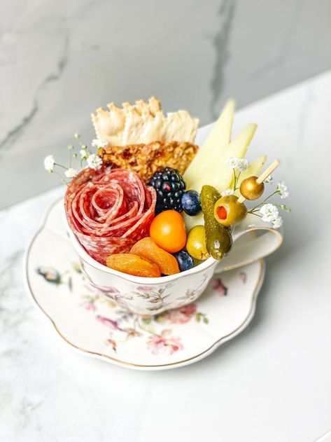 Mini High Tea Ideas, Charcuterie In A Tea Cup, Bridgertons Theme Party, Bridgerton Dinner Ideas, Bridgerton Tea Party Food Ideas, Bridgeton Food Ideas, Brigerton Foods, Bridgertons Tea Party, Bridgerton Charcuterie