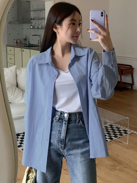 Blue Casual Collar Long Sleeve Cotton Striped Shirt Embellished Non-Stretch Spring/Fall Women Clothing Outfits With Blouses Casual, Styling Blue Shirt Women, Blue Button Shirt Outfit, Long Sleeve Business Casual, Blue Chemise Outfit, Blue Casual Outfits For Women, Business Casual Outfits Korean, Korean Shirt Outfit Women, Outfits Camisa Azul