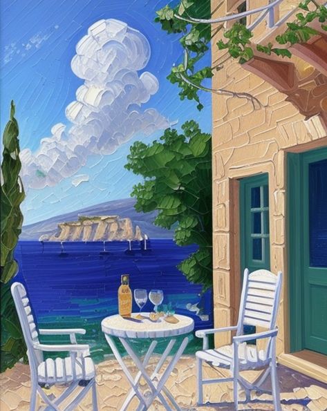 Greece Painting Aesthetic, Acrylic Contemporary Art, Greece Illustration Art, Greece Canvas Painting, Travel Art Painting, Greek Patio, Acrylic Painting Food, Greece Acrylic Painting, Mediterranean Paintings Easy