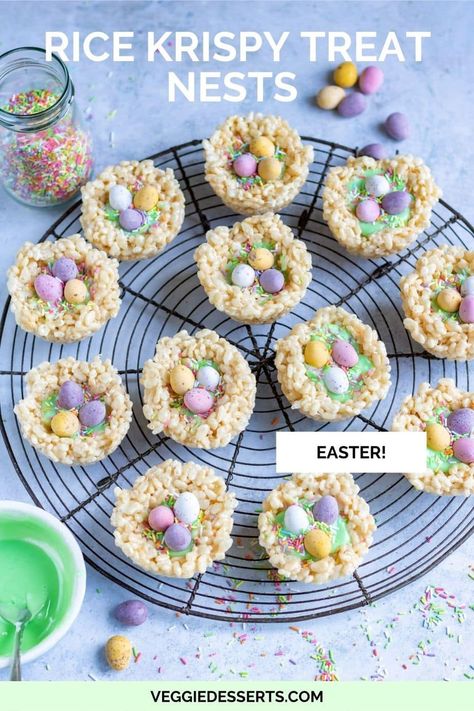 Rice Krispie Nests are a super easy no-bake dessert for Easter. Mold rice crispy treats into bird nest shapes in a muffin pan and decorate with mini eggs, peeps or candy. Rice Krispy Nest Treats, Easter Rice Crispy Treats, Rice Krispie Nests, Easter Rice Krispies, Easter Rice Krispie Treats, Easter Deserts, Easter Egg Nest, Rice Crispy Treats Recipe, Vegetarian Kids