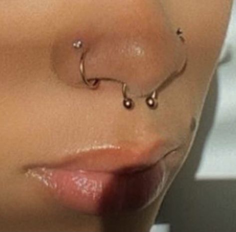 Nose Ring On Both Sides Of Nose, Two Nose Rings On One Side, Two Nose Piercings On Both Sides And Septum, Double Hoop Nose Ring Both Sides, Both Nose Sides Pierced, Nose Pierced On Both Sides, 2 Nose Piercings On Each Side And Septum, Right Side Nose Piercing, Double Nose Piercing Different Sides With Septum