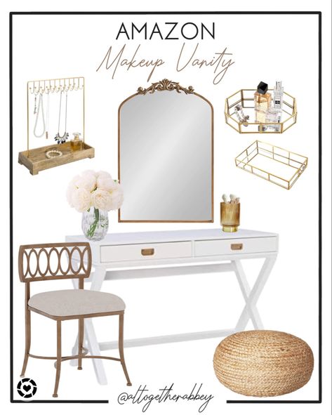 Make Up Vanity Decor Ideas, Makeup Vanity Area, Coastal Makeup Vanity, Vanity Styling, Boho Makeup Vanity, Makeup Station In Bedroom, Boho Vanity Ideas, Vanity Area In Bedroom, Farmhouse Makeup Vanity