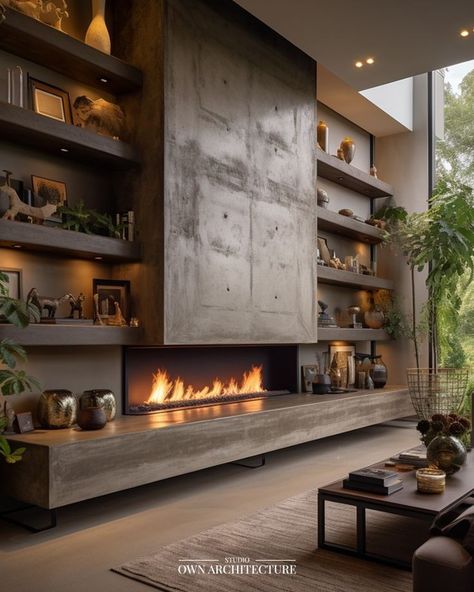 Modern Industrial Fireplace Ideas, Modern Fireplace With Shelves On Side, Long Fireplace Ideas, Living Room With Modern Fireplace, Industrial Fireplace Ideas, Fireplace Design With Tv, Studio With Fireplace, Fireplace Design Modern, Stunning Fireplaces