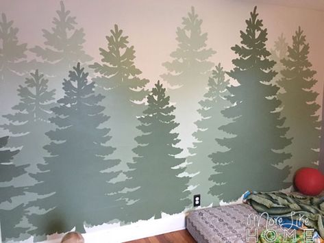 I've spent most of my adult life in the no-murals-ever camp. I didn't want anything too themed because I knew I'd get tired of it and want t... Diy Forest Mural, Camping Theme Bedroom, Camping Bedroom, Diy Forest, Boys Room Mural, Boys Room Diy, Camping Room, Forest Room, Maluchy Montessori