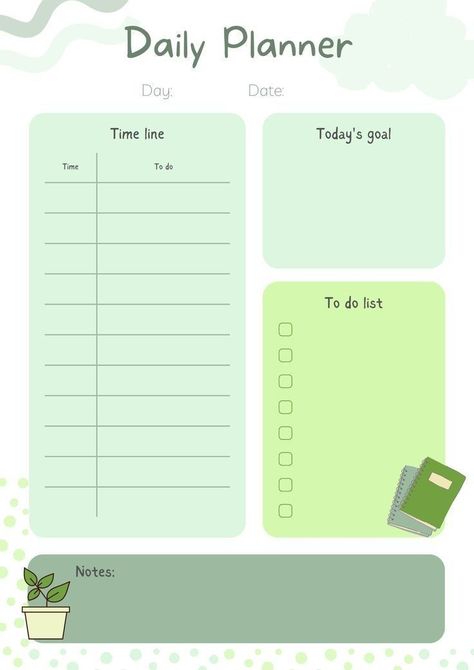 Green Daily Planner, Daily Planner Template Aesthetic, Goodnotes Daily Planner Template Free, Aesthetic Daily Planner Template, Day Planner Ideas, Daily Planner Ideas, Student Daily Planner, Digital Planner Pages, Day Planner Template