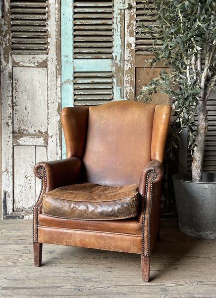 Beautiful Vintage Dutch Leather Wingback Chair | Vinterior Rustic Leather Chair, Leather Wing Back Chair, Leather Wingback Chair Living Rooms, Wingback Chair Living Room, Lounge Makeover, Vintage Wingback Chair, Vintage Leather Chairs, Leather Chair Living Room, Leather Wingback Chair