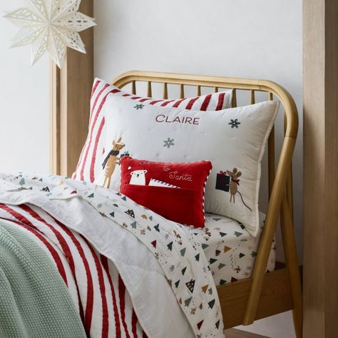 Our Holiday Presents Christmas Pillow Sham captures the spirit of the season, with a pair of woodland animals bearing gifts against a snowy white backdrop. Intricate hand-embroidered details give it a timeless, heirloom-quality feel, and it's made of extra-soft and lightweight organic cotton voile.   • 100% organic cotton shell and fill, grown without chemicals or pesticides  • Hand-embroidered and hand-quilted  • Envelope closure  • Shams sold individually  • This item can be embroidered with a Twin Size Christmas Bedding, Holiday Bed Sheets, Christmas Master Bed, Kids Christmas Room Decor, White Christmas Decor Bedroom, Toddler Christmas Decor, Christmas Bedding Kids, Kids Room Christmas Decor, Nursery Christmas Decor