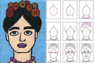 Art Projects for Kids: How to Draw Frida Kahlo (face practice) - we did this project.  It was fun and interesting.  We read "Getting to know Frida Kahlo" with it. Frida Art, Frida Kahlo Art, Artist Project, Art Projects For Kids, Spanish Art, Art Worksheets, Diego Rivera, Homeschool Art, Art Lessons Elementary