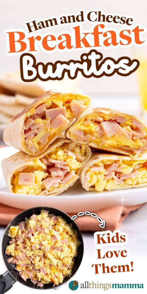 These easy Ham & Cheese Breakfast Burritos are a handheld breakfast on-the-go that’s hearty enough to fuel your morning! Made with scrambled eggs, cooked ham, and plenty of melty cheddar, they’re a satisfying breakfast the whole family will love. Handheld Breakfast, Ham Cheese Breakfast, Burritos Recipes, Ham And Cheese Breakfast, Easy Breakfast Burritos, Breakfast Eggs Scrambled, Cooked Ham, Ham Breakfast, Breakfast Burritos Recipe