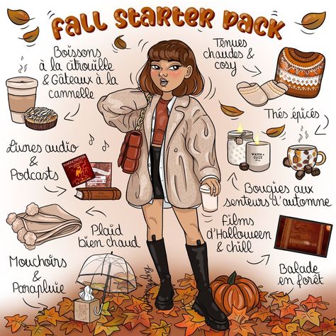 Fall Starter Pack Fall Starter Pack, Fanny Lng, Aesthetic Starter Pack, Fall Hygge, Four Seasons Art, Fall Bucket List, Portrait Cartoon, Lifestyle Art, Fall Scents