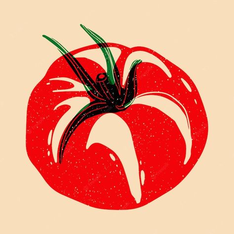 Red And Green Graphic Design, Flower Screen Print, Screen Print Illustration, Red Illustration Aesthetic, Riso Print Graphic Design, Tomato Sketch, Veg Illustration, Tomatoes Illustration, Riso Illustration