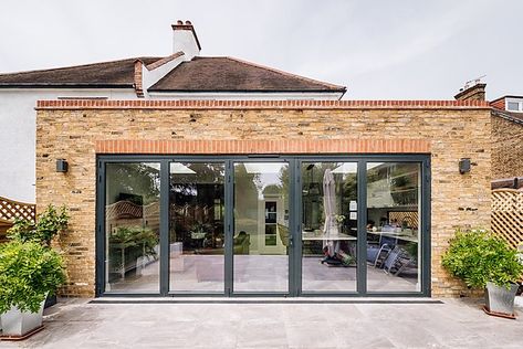 Reclaimed Brick House, London Extension, Conservatory Conversion, Brick Detailing, Extension Exterior, Clubhouse Ideas, Modern Kitchen Extensions, Garden Gym, Brick Extension