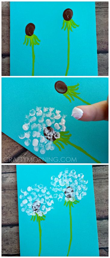 Fingerprint Dandelion Craft + Card Idea for Kids to Make! | CraftyMorning.com Summer Crafts, Fingerprint Dandelion, Dandelion Craft, Craft Card, Daycare Crafts, Crafty Kids, Kids Diy, Childrens Crafts, Preschool Art