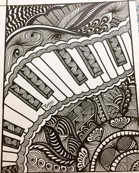 Piano Mandala Art, Piano Zentangle, Music Zentangle Art, Vignette Art Drawing Simple, Vignette Drawing Simple, Vignette Drawing Easy, Drawing Of Piano, Music Zentangle, Vignette Drawing