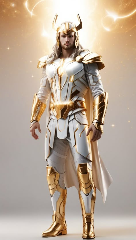 Thor in a Golden Suit, Golden Thor, Golden asgardian, Thor golden look Cosmic Thor, White And Gold Armor, Thor Suit, Thor Armor, Marvel Gods, Golden Suit, Golden Armor, Fantasy Armour, Superhero Costumes