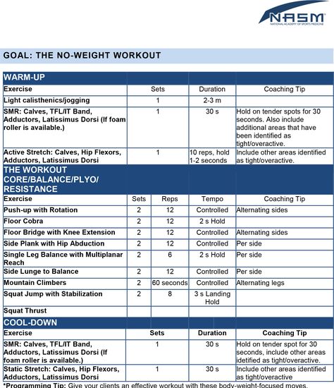 The No-Weight Workout #strengthtraining #beginners #noweight Personal Training Certification, Full Body Weight Workout, Personal Training Programs, Nasm Cpt, Personal Training Business, Best Workout Plan, Fitness Career, Training Business, Workout Training Programs