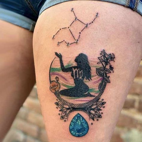 Blue sapphire virgo tattoo by @jon_doe_tattoos Virgo Women Tattoo, Jon Doe, Doe Tattoo, Virgo Tattoo Designs, Virgo Constellation Tattoo, Tattoo Guide, Shin Tattoo, Virgo Art, Sign Tattoo